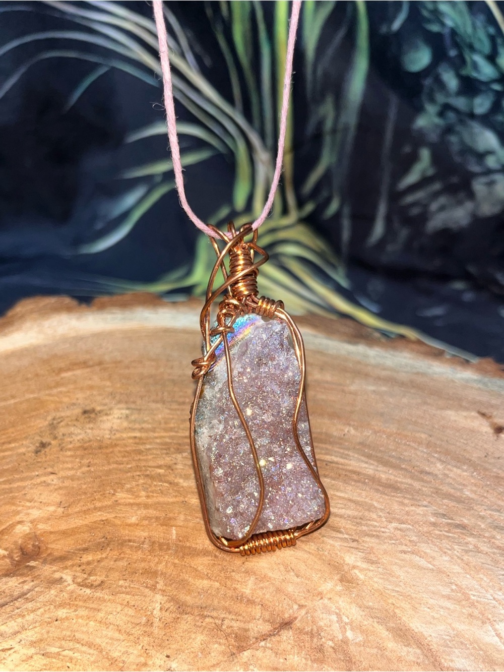Pink Druzy Pendant Necklace with Copper Wire Wrap